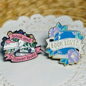 Enamel Pins for Book and Flower Lovers, set of 2
